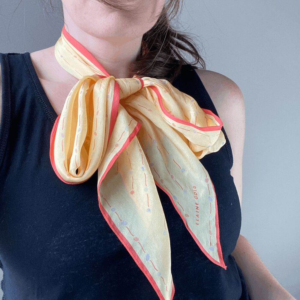 Elaine Gold Vintage 100% Silk Scarf Headscarf Necktie Pastel Yellow, Blue, Cream